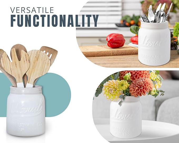 Comfify Wide Mouth Mason Jar Utensil Holder Decorative Kitchenware Organizer Crock - Perfect Cookware Gift - White, Large Size 5.4x6.75