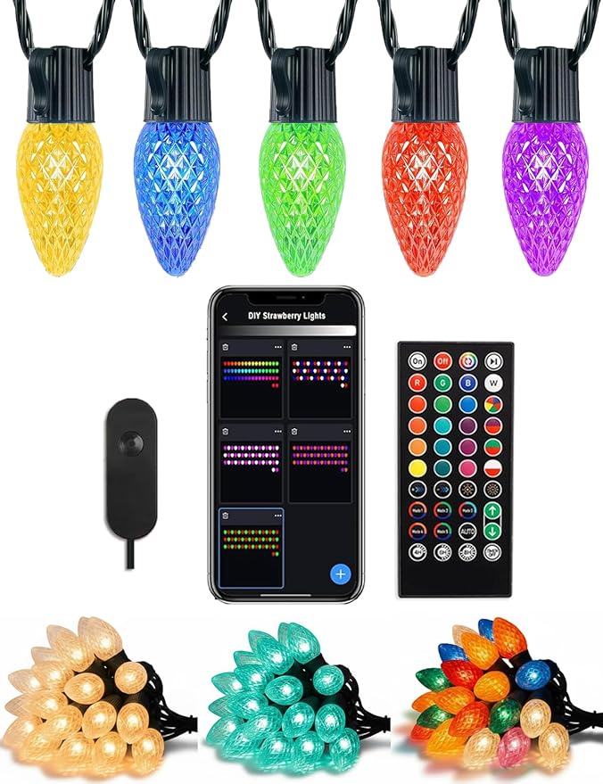 HIITEN Bluetooth C9 Christmas Lights Outdoor 39FT 50LEDs, DIY Chasing Effects Smart LED Christmas Lighting, APP Remote Controlled Extendable Color Changing Xmas Light with Timer Music Sync
