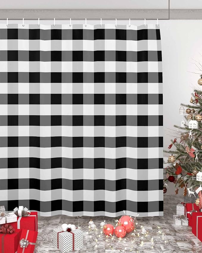 Vandarllin Rustic Black White Buffalo Check Plaid Pattern Shower Curtain, Farmhouse Shower Curtains Set with Hooks, Waterproof Fabric Bathroom Curtains Decor Home Accessories,72X 96 Inch Extra Long