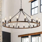 Farmhouse Wagon Wheel Chandelier 47" Black Rustic Light Fixtures 18-Light Wood Round Chandelier for Foyer Living Room Entryway Dining Room