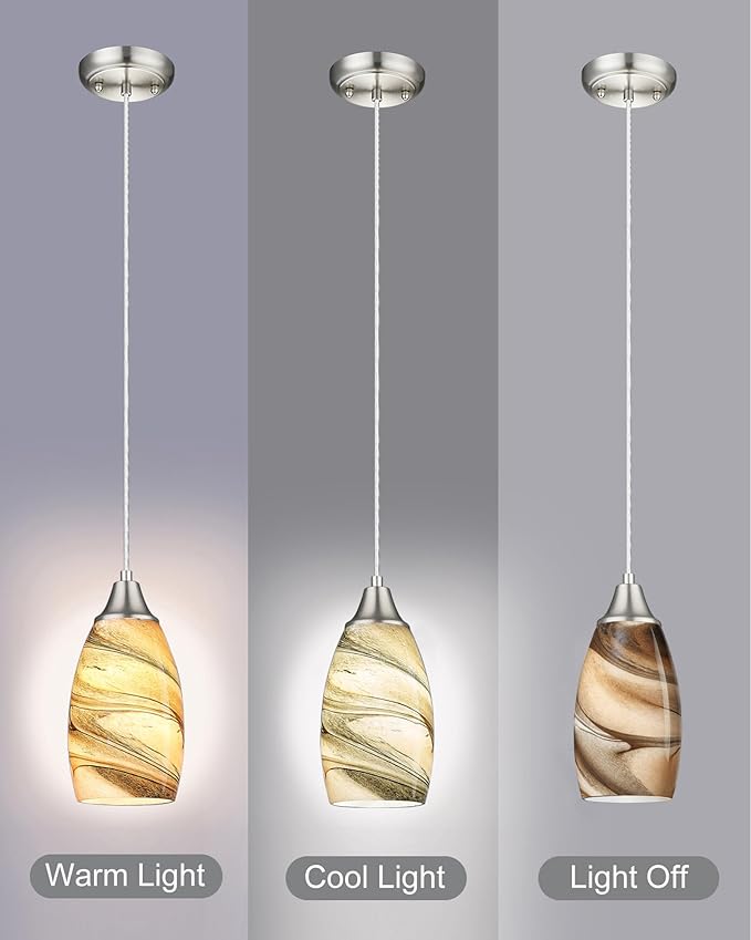 Mini Pendant Lights Kitchen Island Light Brown Glass Lamp Shade Hand Blown Glass Pendant Light with Brush Nickel Finish Adjustable Cord for Kitchen Over Sink, Dining Room (Light Brown-3P)