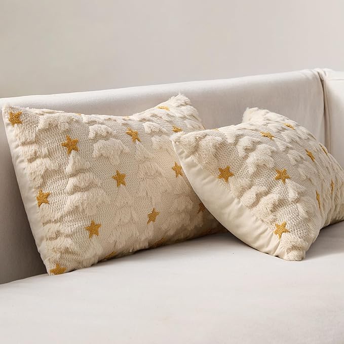 MIULEE Christmas Pillow Covers 12x20 Inch Set of 2, Beige Christmas Tree Plush Faux Fur Pillowcases Soft Decorative Throw Pillow Cases for Couch Sofa Living Room Winter Xmas Holiday Home Decor