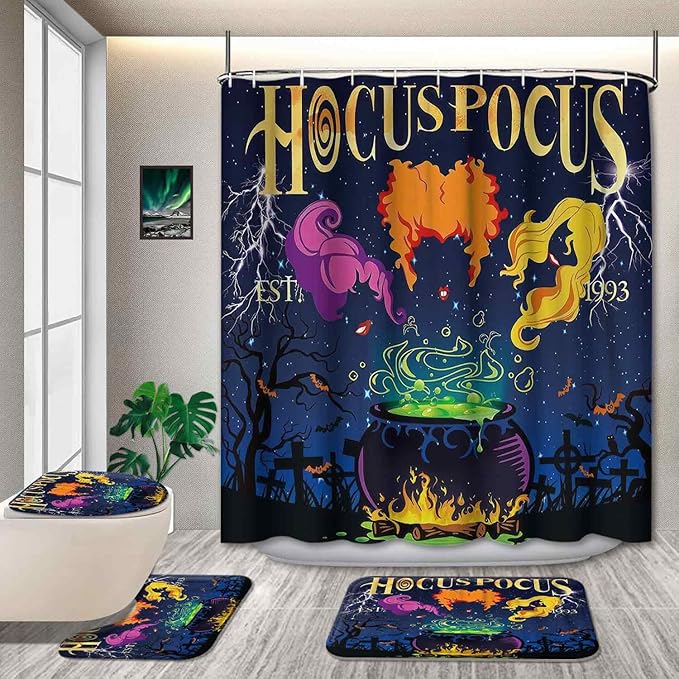 4 Pcs Halloween Shower Curtain Set, with Non-Slip Rugs,Toilet Lid Cover and Bath Mat, Hocus Pocus Decor for Bathroom, Halloween Party Gifts Supplies
