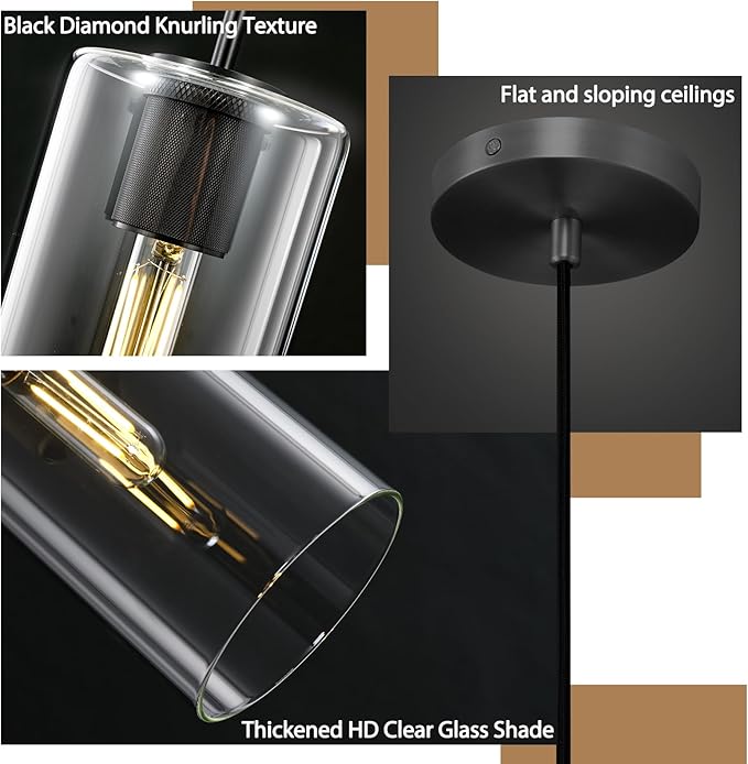 Modern Black Pendant Lights Kitchen Island Glass Pendant Light, 9.5'' Farmhouse Clear Glass Cylinder Pendant Light,Copper Kitchen Pendant Lighting Over Island Sink, E26 Bulb Included