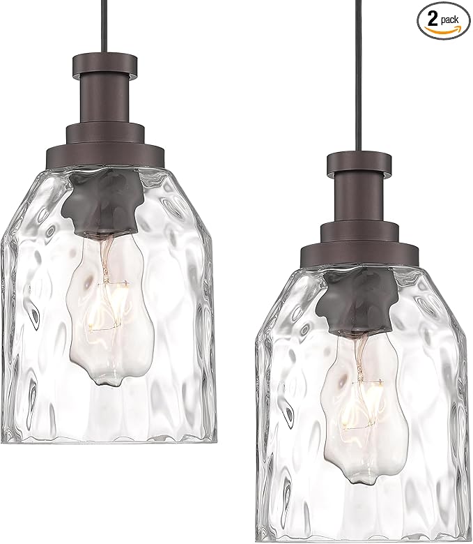 zeyu Modern Pendant Lights Kitchen Island 2 Pack, 1-Light Hanging Pendant Lighting for Dining Room, Water Ripple Glass Shade, Oil Rubbed Bronze Finish, ZG33M1L-2L ORB-WG