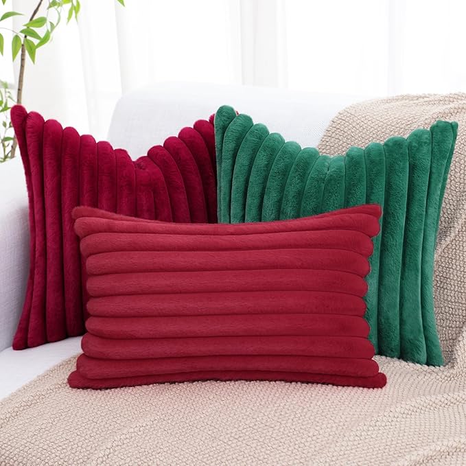 decorUhome Faux Fur Christmas Throw Pillow Covers 26x26 Set of 2, Decorative Soft Plush Striped Neutral Couch Euro Pillow Covers with Velvet Back for Sofa, Bed, Living Room Home Decor, Red