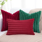 decorUhome Faux Fur Christmas Throw Pillow Covers 24x24 Set of 2, Decorative Soft Plush Striped Neutral Couch Euro Pillow Covers with Velvet Back for Sofa, Bed, Living Room Home Decor, Red