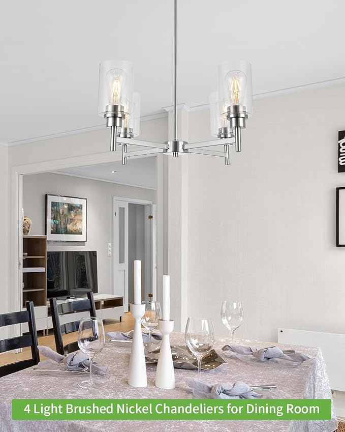 Brushed Nickel Chandeliers for Dining Room Farmhouse Chandelier Fixture with Clear Glass Shades 4 Light Kitchen Island Lighting Pendant Light Fixture for Dining Room Living Room Bedroom
