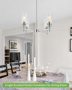 Brushed Nickel Chandeliers for Dining Room Farmhouse Chandelier Fixture with Clear Glass Shades 4 Light Kitchen Island Lighting Pendant Light Fixture for Dining Room Living Room Bedroom
