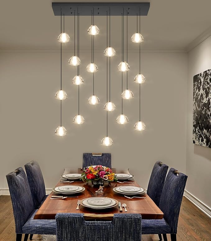 Crystal Rectangular Chandeliers for Living Room Dining Room Light LED Pendant Lights Fixtures Lighting Chandelier for Foyer Entrance Black