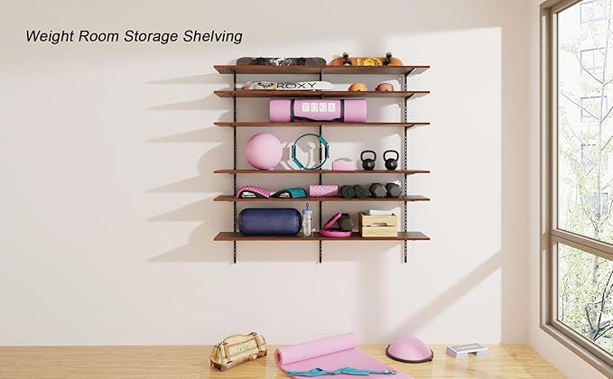 ROGMARS 60 Inch Long Wooden Floating Shelves with Rail, Adjustable Large Kitchen Wall Shelf for Living Room Bedroom Gym Storage,Garage Wall Shelving 6 Tier