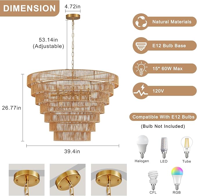 39.4" Large Hand-Woven Rattan Chandelier Vintage Farmhouse 15-Lights Boho Bamboo Chandelier Light Fixture Retro Drum Wicker Rattan Golden Chandeliers for Dining Room, Kitchen, Living Room, E12