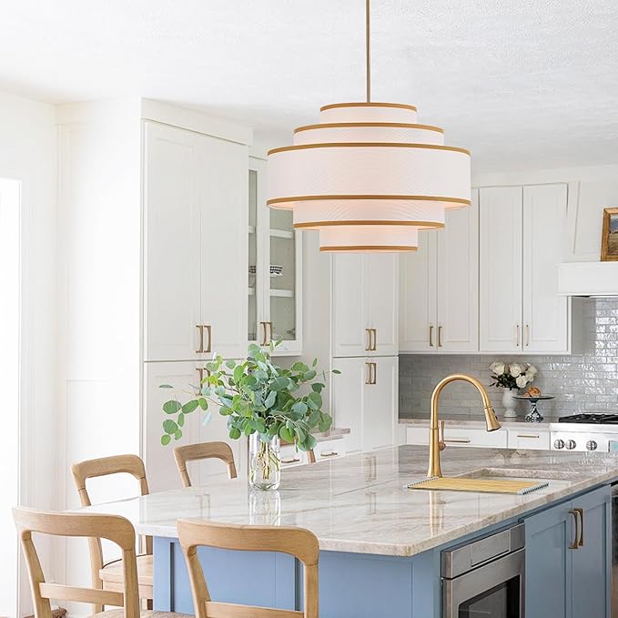 25.6" Gold Drum Chandelier with White Linen Lampshade 6-Light Modern Farmhouse Chandelier Light Fixture for Living Room, Dining Room, Kitchen Island, Entryway, Stairway