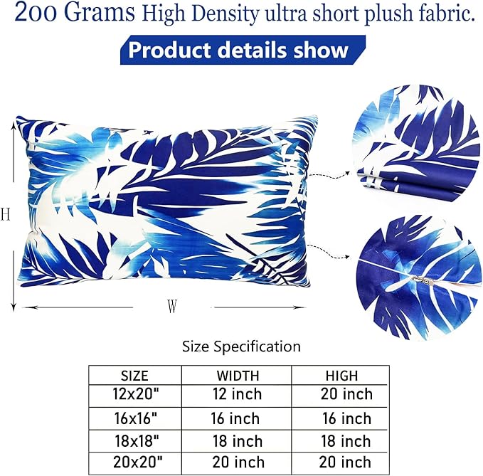 Decorative Throw Pillow Covers Set of 2 Blue Leaves of Tropical Pillow Covers 12x20 inch Soft Short Plush Square Throw Pillows,Farmhouse Outdoor Pillow Covers for Couch Sofa Living Room