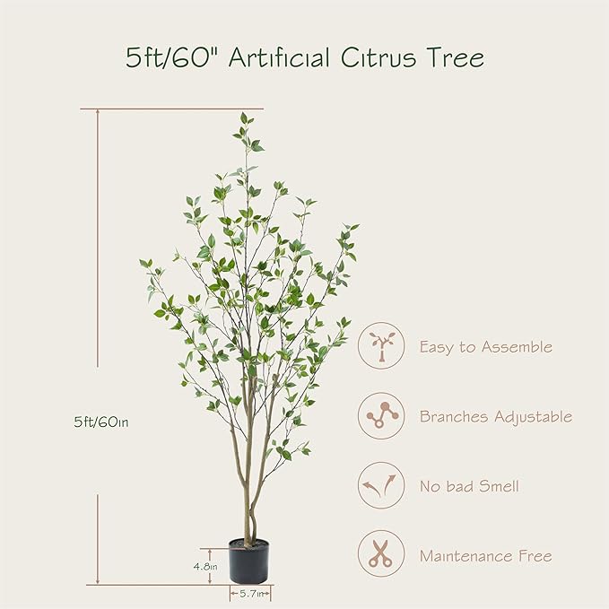 Bellacat 5ft Artificial Minimalist Citrus Tree with Lifelike Leaves, 60in Faux Citrus Tree with Realistic Trunks, Faux Tree Indoor Outdoor for Home Office Living Room Bedroom Porch Decor.