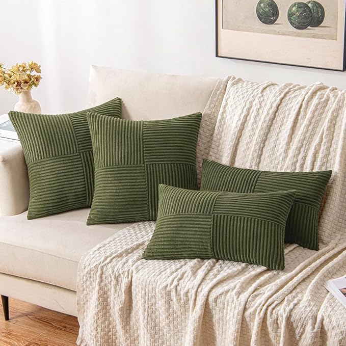 MIULEE 24x24 inch Euro Olive Green Corduroy Pillow Covers Pack of 2 Boho Decorative Spliced Throw Pillow Covers Soft Solid Couch Pillowcases Cross Patchwork Textured Cushion Covers for Living Room