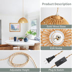 Plug in Farmhouse Wicker Pendant Light, 1-Light Boho Rattan Chandelier Light Fixture, Ceiling Hanging with Woven Lampshade, for Kitchen Bedroom Island Hallway, ETL Listed