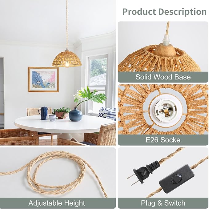 Plug in Farmhouse Wicker Pendant Light, 1-Light Boho Rattan Chandelier Light Fixture, Ceiling Hanging with Woven Lampshade, for Kitchen Bedroom Island Hallway, ETL Listed