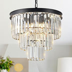 Modern Crystal Chandeliers 16" Small Black Pendant Light Luxury 3 Tiers K9 Crystal Ceiling Pendant Round Light Fixture 6-Light for Dining Room Entryway Kitchen Bedroom Closet