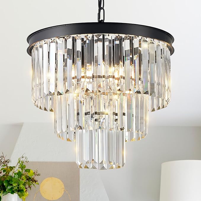 Modern Crystal Chandeliers 16" Small Black Pendant Light Luxury 3 Tiers K9 Crystal Ceiling Pendant Round Light Fixture 6-Light for Dining Room Entryway Kitchen Bedroom Closet