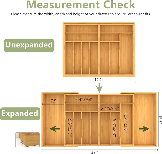 Suli Large Silverware Drawer Organizer，Adjustable Kitchen Flatware for Forks Knives and Spoons， Bamboo Cutlery Utensil Holder,Expandable from 12in-37in，Natural Bamboo