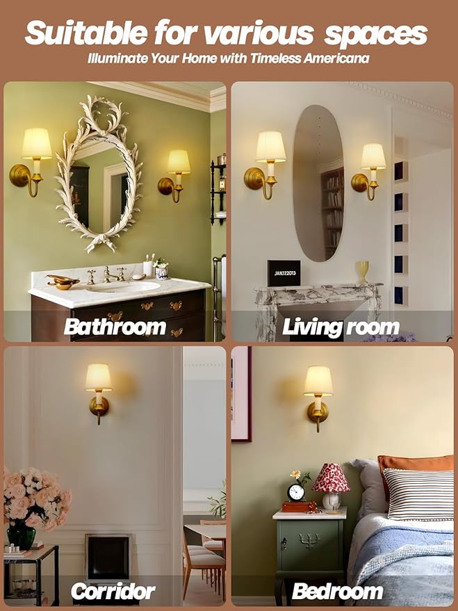Brass Boho Fabric Wall Sconce Light with Curved Arm, Rustic Linen Cloth Wall Light Fixtures, Hardwired Brass Wall Mounted Lamp for Bathroom Vanity Bedroom Living Room