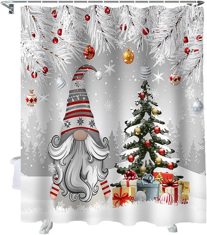 Vandarllin Christmas Gnome Shower Curtain, Winter Merry Christmas Tree Balls Shower Curtains Set with Hooks, Grey Waterproof Fabric Bathroom Curtains Decor Home Accessories, Stall Long 54 X 78 Inch