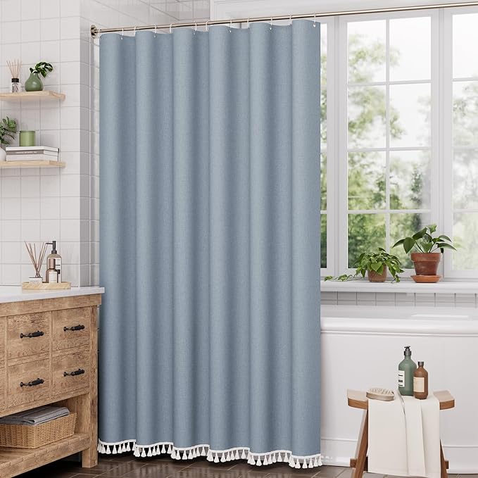 AmazerBath Blue Boho Shower Curtain with Tassels, Farmhouse Shower Curtains for Bathroom, Faux Linen Shower Curtain Rustic with Hooks, Vintage Shower Curtain Set, 72x72 Inches