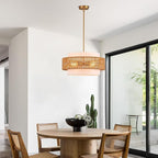 19.7" Rattan Chandelier with Linen Vintage Farmhouse Boho Hand Woven Bamboo Chandelier Light Fixture Modern Drum Wicker Rattan Gold Chandeliers for Dining Room, Kitchen, Living Room,Foyer