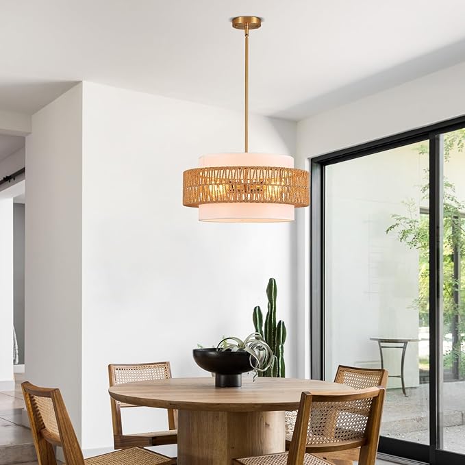 19.7" Rattan Chandelier with Linen Vintage Farmhouse Boho Hand Woven Bamboo Chandelier Light Fixture Modern Drum Wicker Rattan Gold Chandeliers for Dining Room, Kitchen, Living Room,Foyer