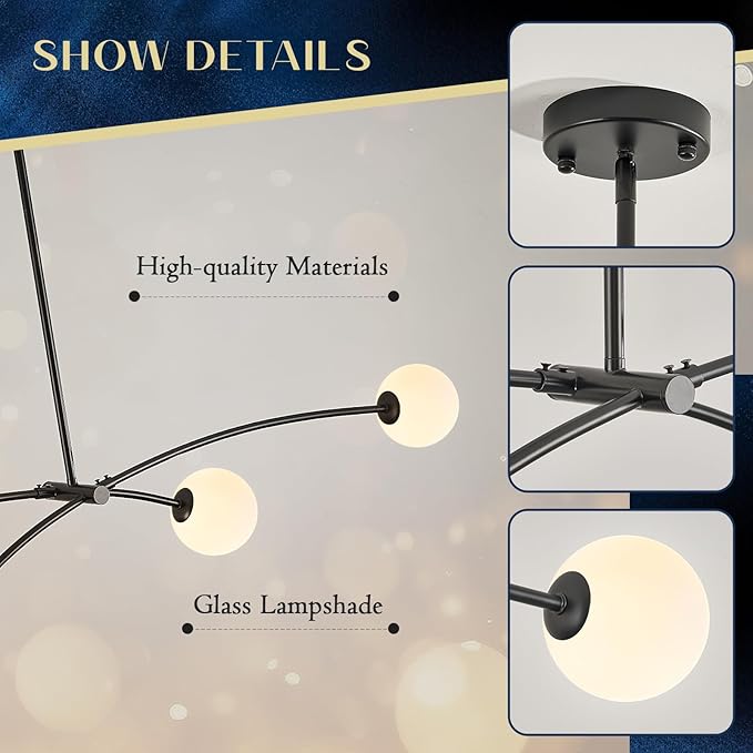 Modern Black Sputnik Chandelier for Dining Room L51” Mid Century Milk Glass Globe Ceiling Pendant Lighting Fixture Contemporary 4 Lights for Kitchen Island Bar Bedroom Home Office