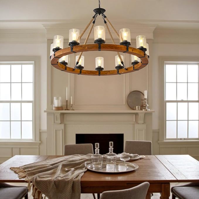 12-Light Wood Wagon Wheel Chandelier, 40-inch Round Vintage Hanging Light Fixtures with Seeded Glass Shade for Living Room Café Foyer E26