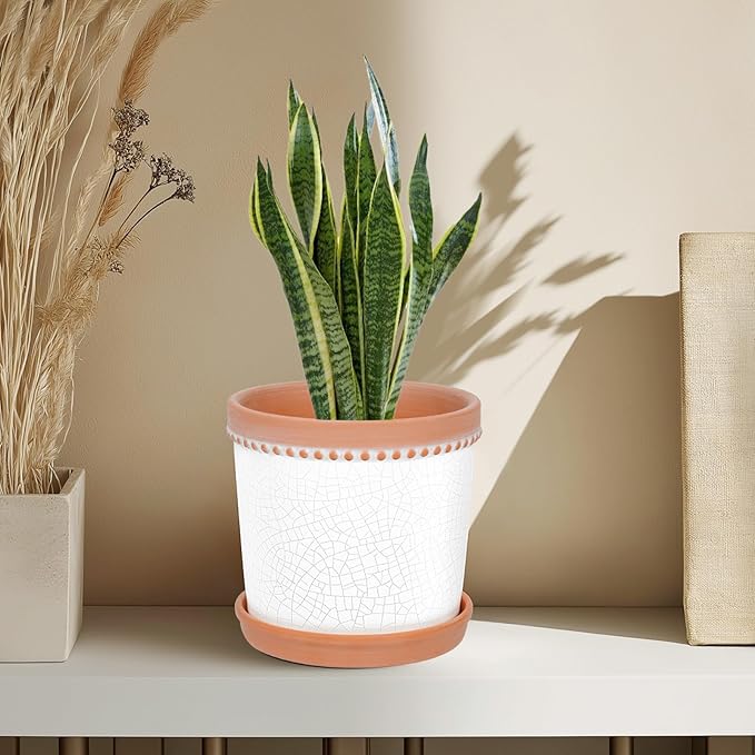 Ceramic Plant Pots, 6 Inch Planters for Indoor Plants, Flower Pots with Drainage Hole and Saucer, Set of 2 - Crackle Glaze White