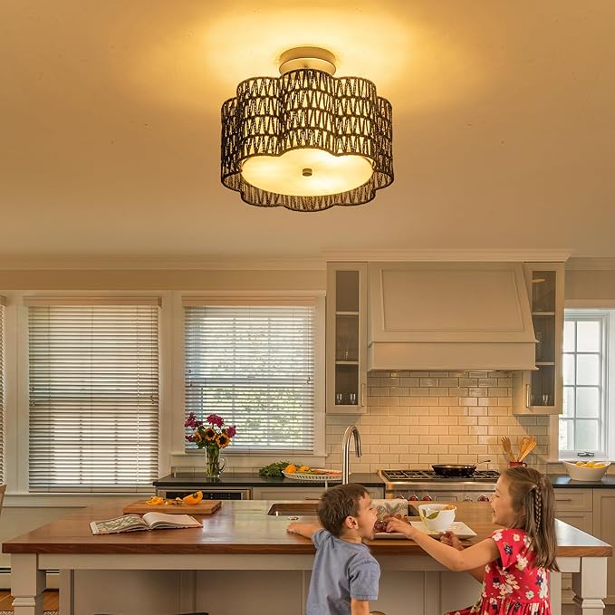 Tbaoinla✿ 13.8＂ Handwoven Rattan 3-Light | Black Boho Flush Mount for Small Bedroom & Nursery, Midnight Blossom Woven Ceiling Light, Natural Fiber Bedroom Fixture, Low Profile Rattan Lighting