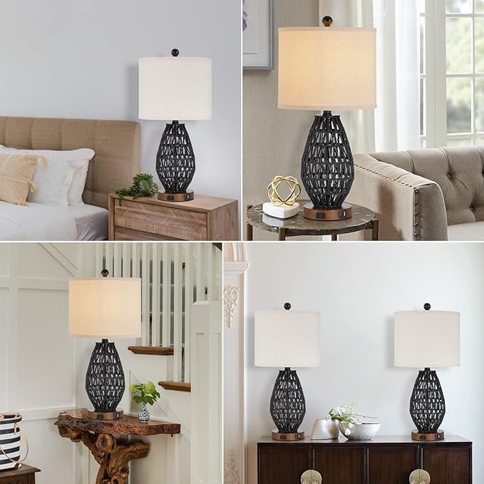 Touch Control Rattan Table Lamps, 3 Way Dimmable Bedside Lamps for Bedroom Set of 2 with 2 USB Ports and AC Outlet, Black Wicker Nightstand Lamps for Living Room (LED Bulbs Included)