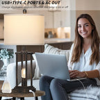 27" Tall Farmhouse Table Lamps with Night Light, Bronze Industrial End Table Lamp for Living Room, Rustic Bedside Lamps Set of 2 with USB C+A Ports & AC Outlet, Vintage Bedroom Lamp for Nightstand