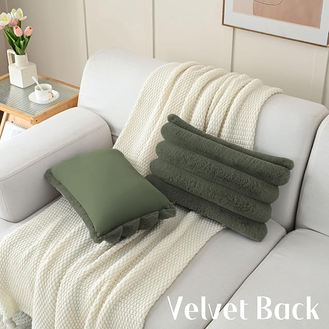 FUTEI Olive Green Decorative Throw Pillow Covers 12x20 Inch Set of 2, Square Soft Faux Rabbit Fur Big Striped Cushion Cover,Home Decor for Couch Sofa Bed Living Room