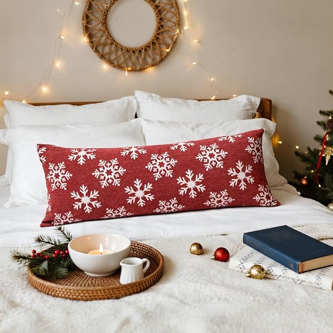 Reversible Christmas Pillow Covers 14x36, Chenille Double-Sided Snowflake & Tree, Cozy Farmhouse Holiday Throw Pillowcases with Hidden Zipper for Sofa, Couch and Bed(Red,36x14)