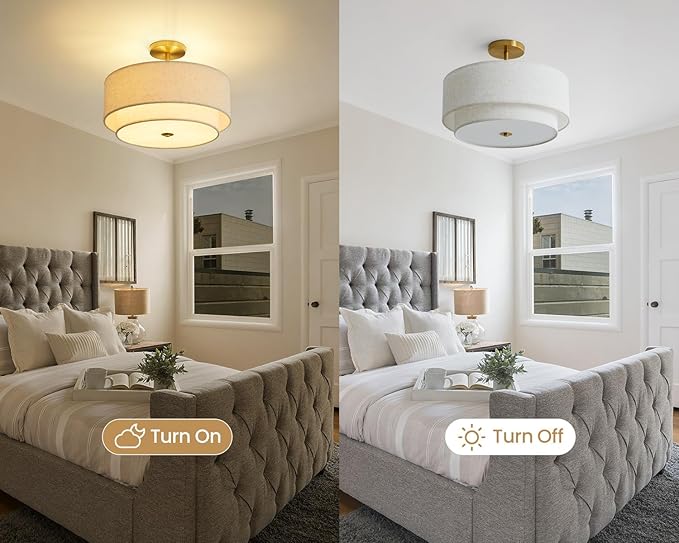Double Drum 3 Light Semi Flush Mount Ceiling Light, Close to Ceiling Light Fixture, 16 Inch with Fabric Linen Shade, Gold Brass, for Living Room, Bedroom, Dining Room,Hallway and Entryway
