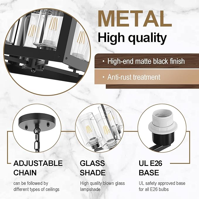 4-Light Black Chandelier, 19" Farmhouse Chandeliers Light Fixture with Glass Shade Lighting Fixtures Modern Ceiling Pendant Lamp for Dining Room Kitchen Island Entrance Bedroom Living Room