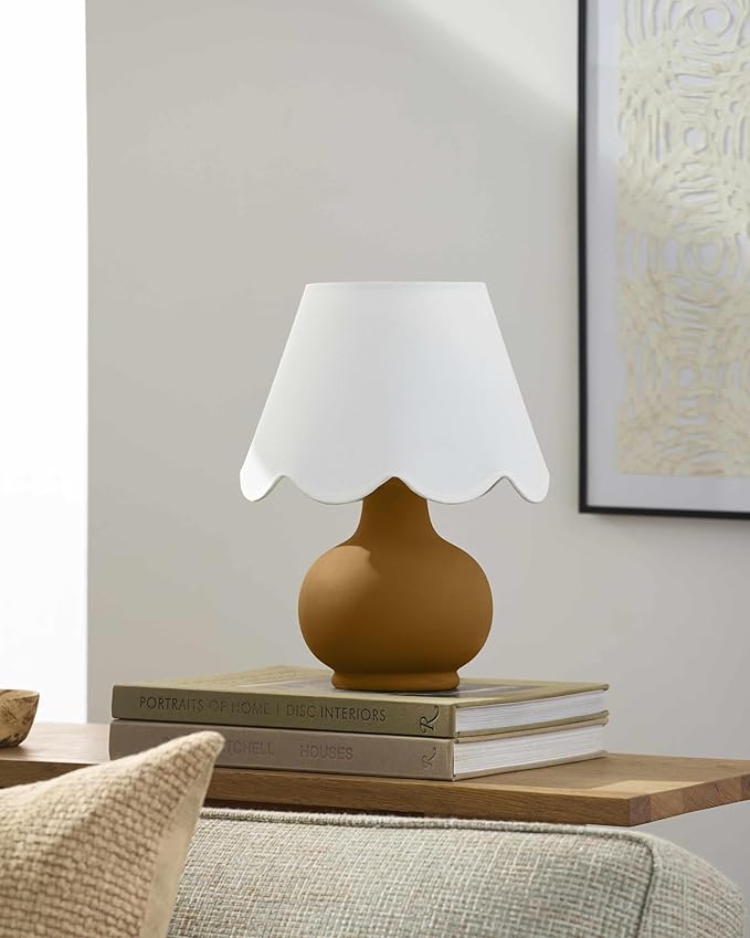 BoutiqueRugs Navarro Boho Ceramic Bedside Table Lamp for Bedroom Nightstand and Living Room - Shade Cotton - Brown, White - 13" H
