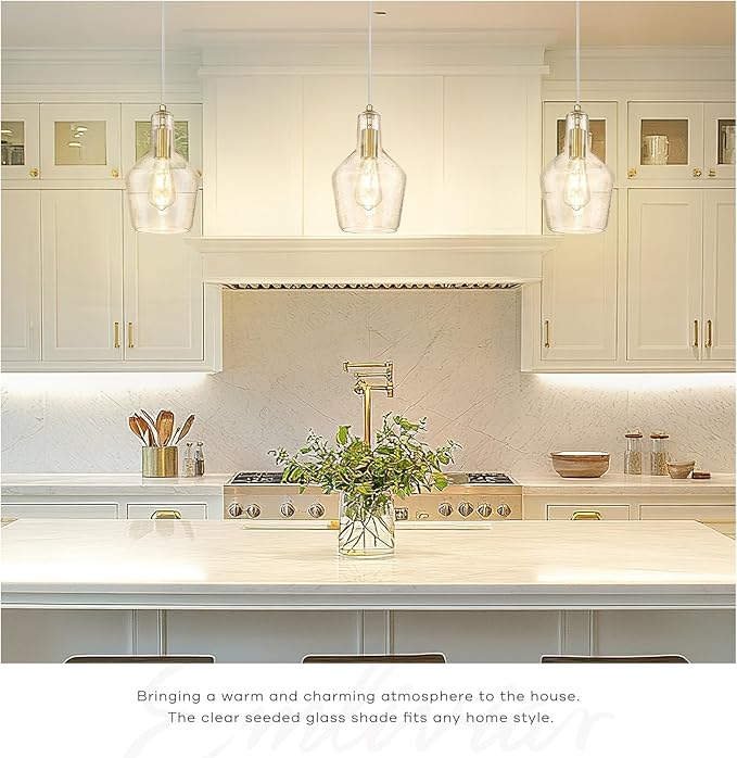 Emliviar 11 Inch Farmhouse Pendant Light Fixture, 1-Light Hanging Kitchen Lighting with Seeded Glass, Brushed Gold Finish, DYE286G2-MIL BG