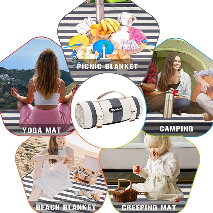 G GOOD GAIN Waterproof Picnic Blanket Portable with Carry Strap for Beach Mat or Family Outdoor Camping Party, Park Blanket for Grass Park, Hiking, Travel, Concerts (Denim Blue)