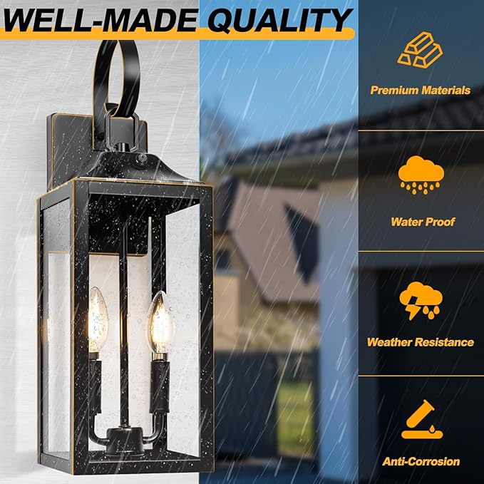 Large Dusk to Dawn Outdoor Lighting - 19" Black Outside Wall Mount Light Fixture with Gold Trim, Exterior Farmhouse Wall Sconce Lantern, Modern Porch Light Exterior Lamp for House 2-Light (1 Pack)