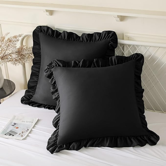 KKJIAF Ruffle Pillow Cases 24x24 Inches, Black Square Ruffled Pillow Covers Set of 2, Microfiber Wrinkle Resistant Pillow Shams with Envelope Closure for Sofa Bed Living Room