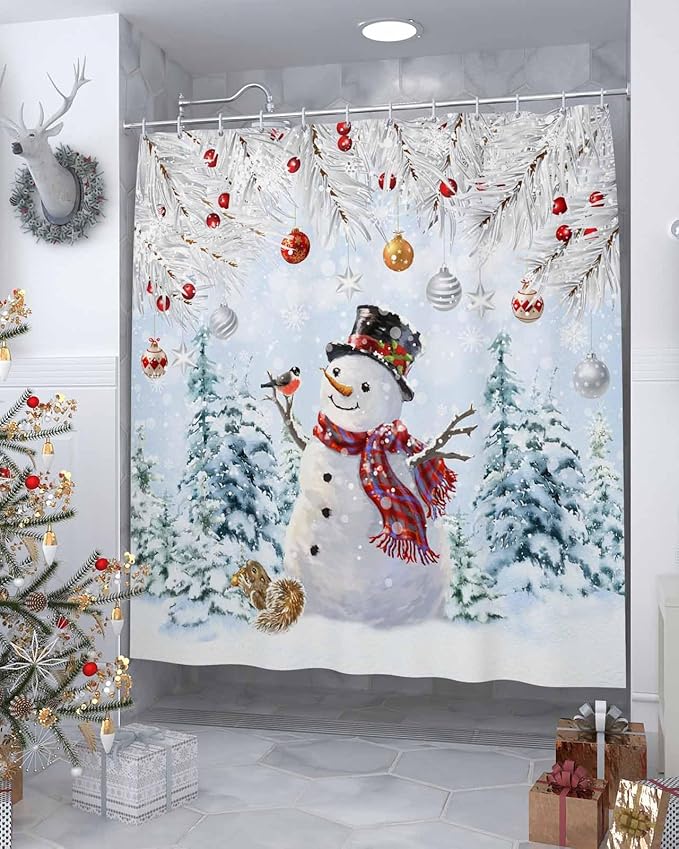 Vandarllin Snowman Shower Curtain, Blue Merry Christmas Tree Red Balls Squirrel Shower Curtains Set with Hooks, Winter Waterproof Fabric Bathroom Curtains Decor Home Accessories,66 X 72 Inch Long