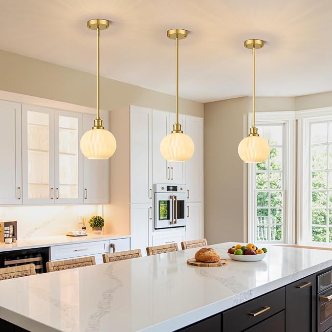 Milk Glass Pendant Lights Kitchen Island, 1-Light 7.1" Brushed Gold Modern Pendant Light Fixtures with Rods, Globe Hanging Lighting for Kitchen Sink Bathroom Dining Room, E26 Base