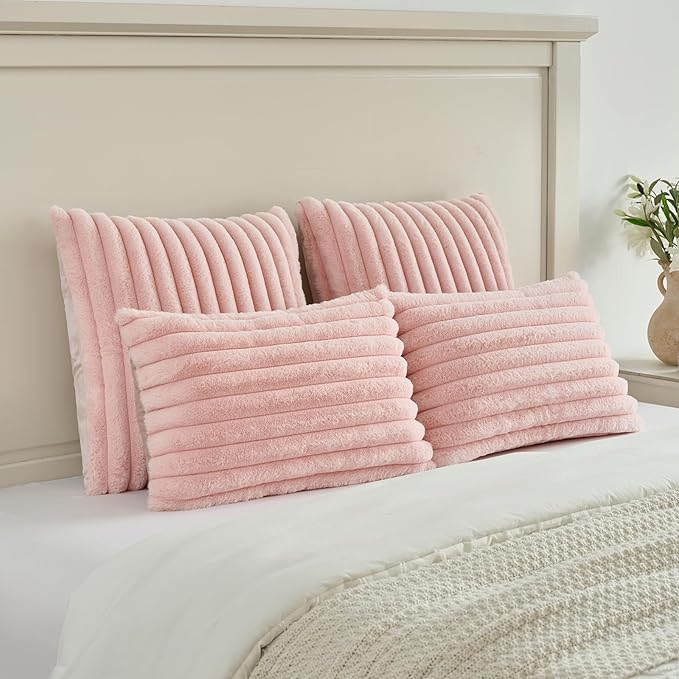 FUTEI Pink Striped Decorative Throw Pillow Covers 22x22 Inch Set of 2,Square Winter Decorations Couch Pillow Case,Soft Cozy Faux Rabbit Fur & Velvet Back,Modern Home Decor for Bed