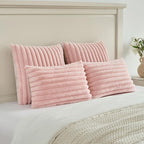 FUTEI Pink Striped Decorative Throw Pillow Covers 18x18 Inch Set of 2,Square Winter Decorations Couch Pillow Case,Soft Cozy Faux Rabbit Fur & Velvet Back,Modern Home Decor for Bed