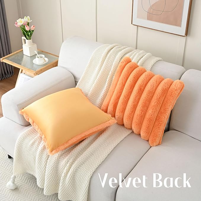 FUTEI Orange Decorative Throw Pillow Covers 26x26 Inch Set of 2, Square Soft Faux Rabbit Fur Big Striped Pillow Sham,Home Decor for Couch Sofa Bed Living Room
